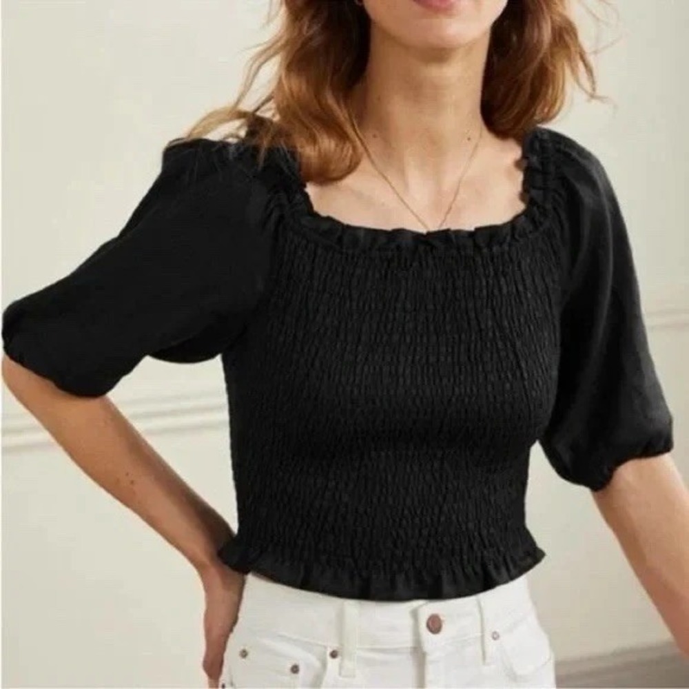 Boden Carrie Smocked 100% Linen Top Womens‎ 8 Solid Black Babydoll Cropped